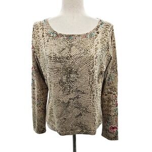 Bogner Womens Floral Embroidered Long Sleeve Top Tan & Olive  L